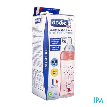 Dodie Biberon Initiation+ 270ml Tétine Débit 2, 0-6 mois, Rose